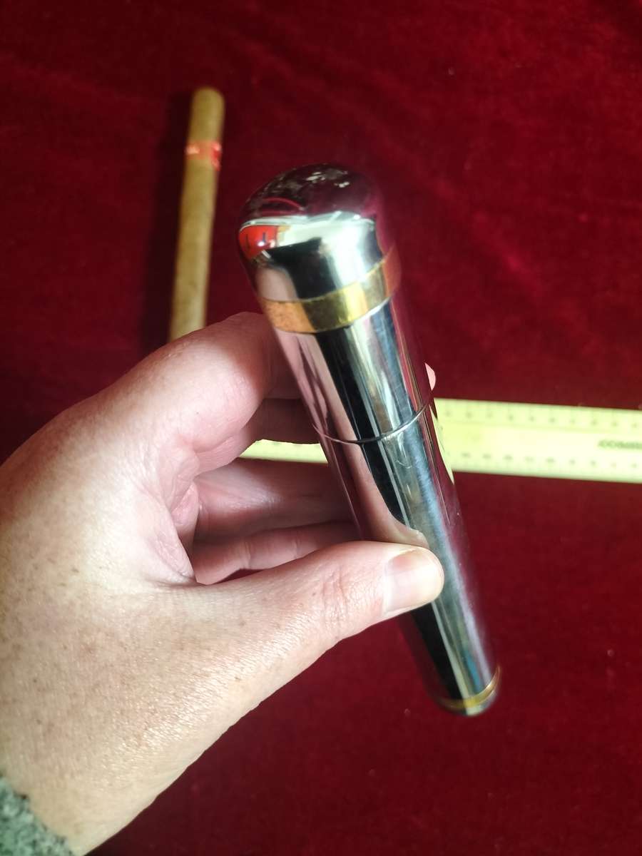 Cigar Case Tube Silver With Gold Band And Juan Lopez Habana Cigar