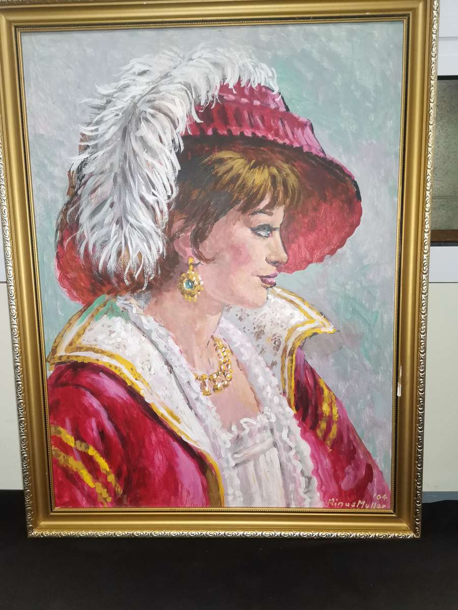 Beautiful Large Oil On Board  By South African Artist Rinus Muller (1941 - 2004 ) Lady With Hat 2004