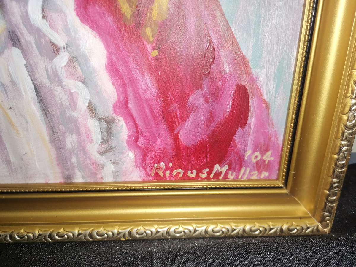 Beautiful Large Oil On Board  By South African Artist Rinus Muller (1941 - 2004 ) Lady With Hat 2004