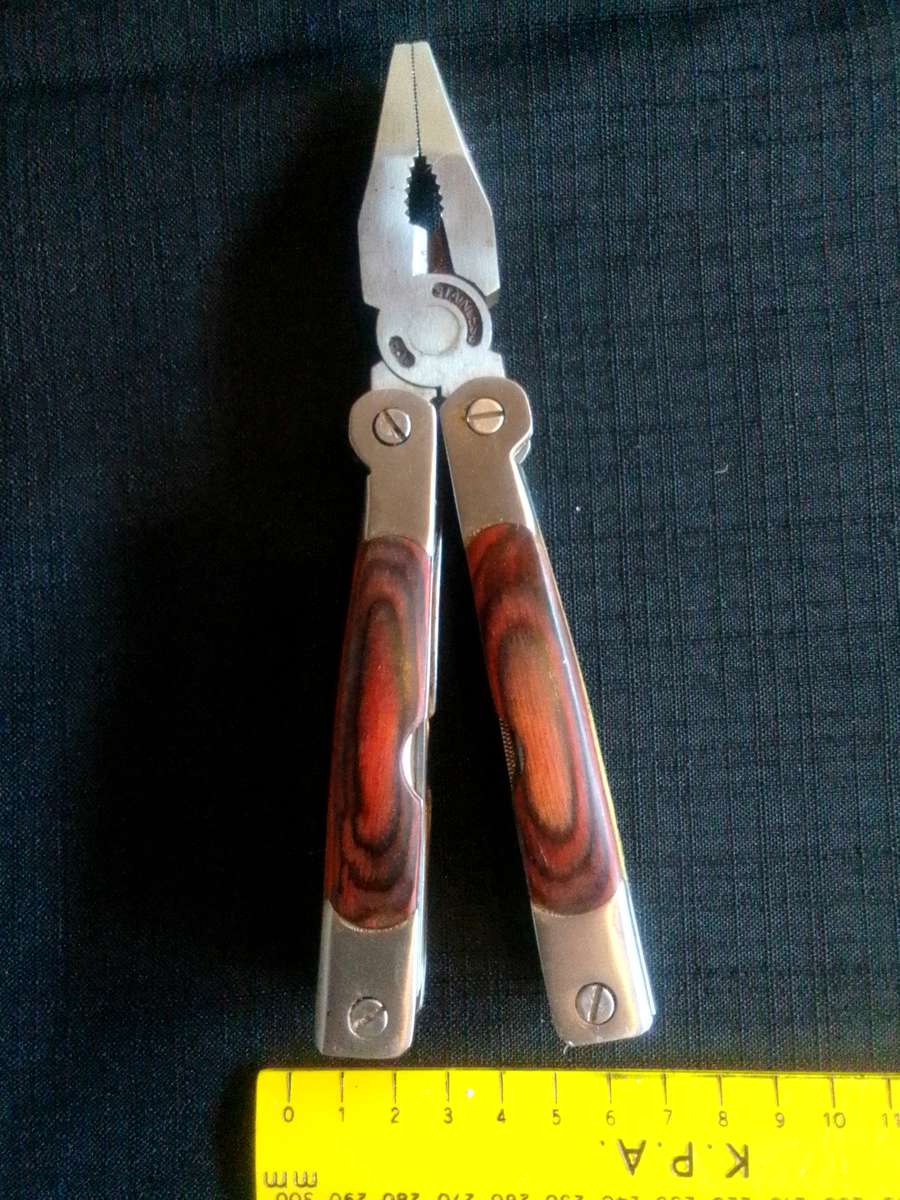 Stainless Steel Multifunction Pliers Dubble Sided Wood Inset Handles Multi Tool