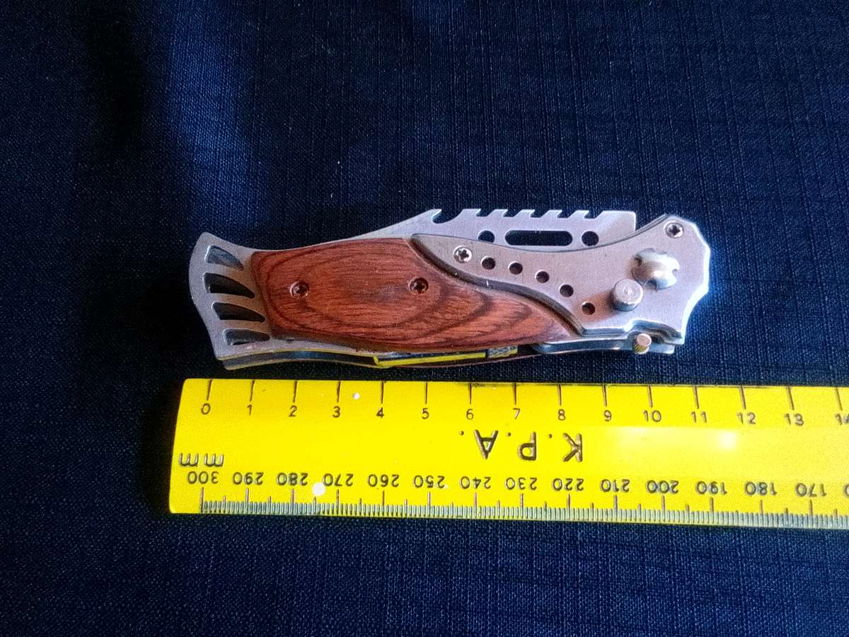 Stunning Stainless Steel Auto Push Button Pocket Knife With Wooden Handle And Small Torch Light