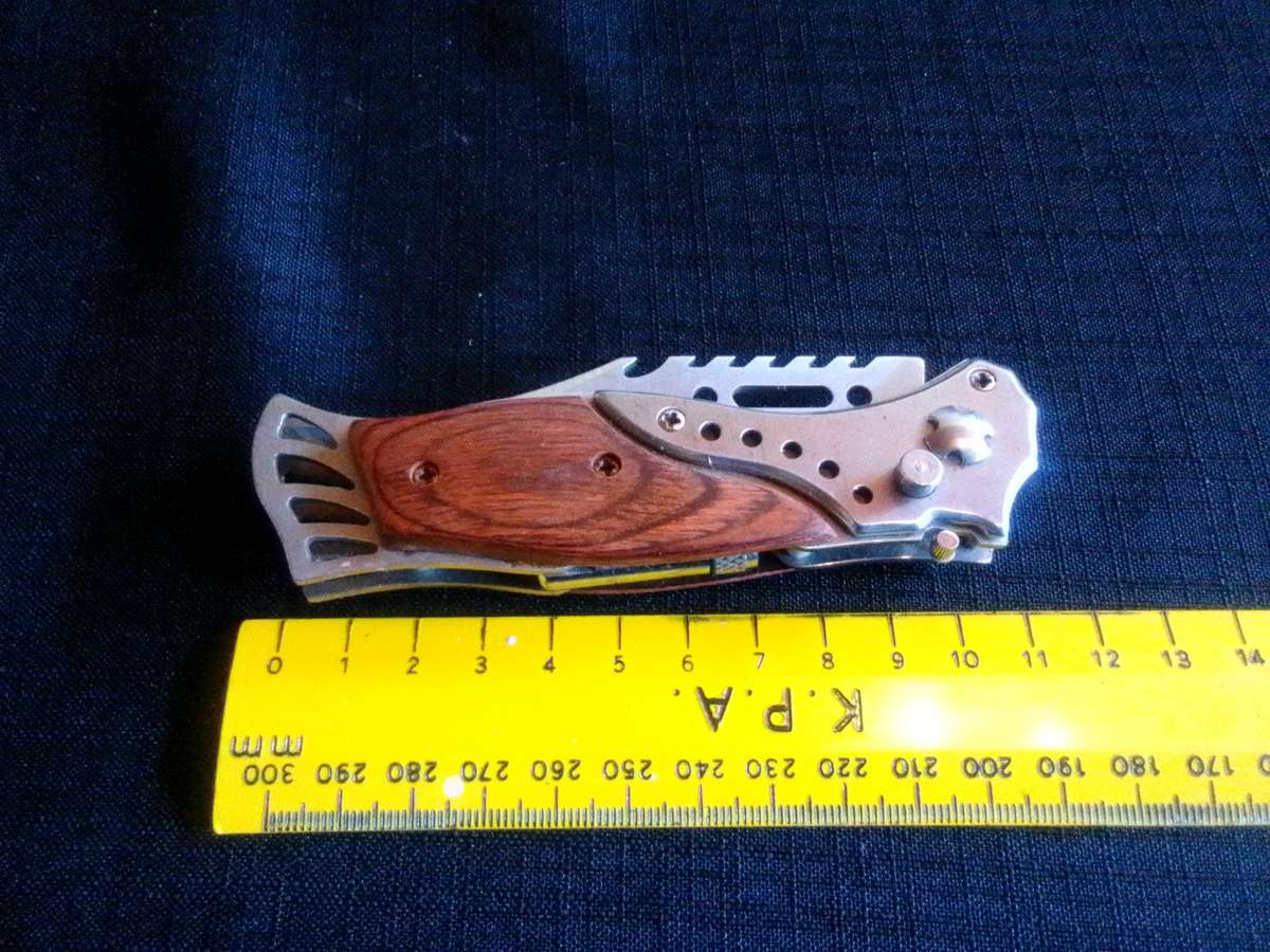 Stunning Stainless Steel Auto Push Button Pocket Knife With Wooden Handle And Small Torch Light