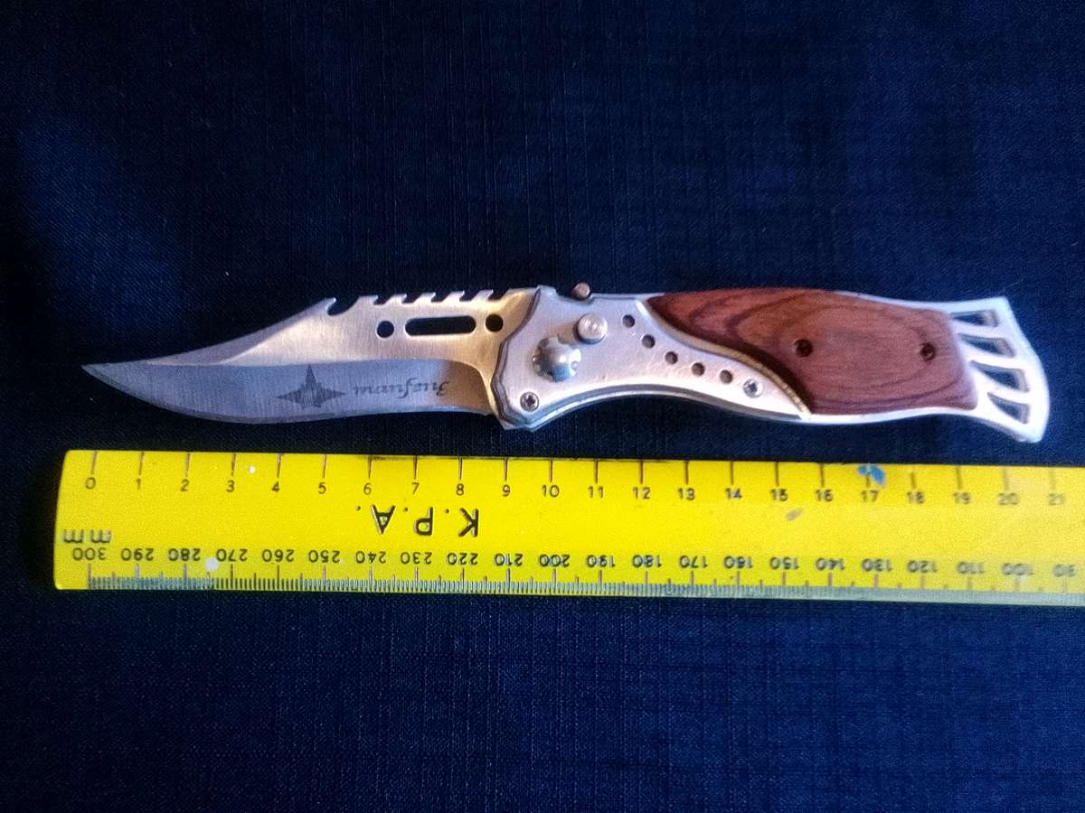 Stunning Stainless Steel Auto Push Button Pocket Knife With Wooden Handle And Small Torch Light