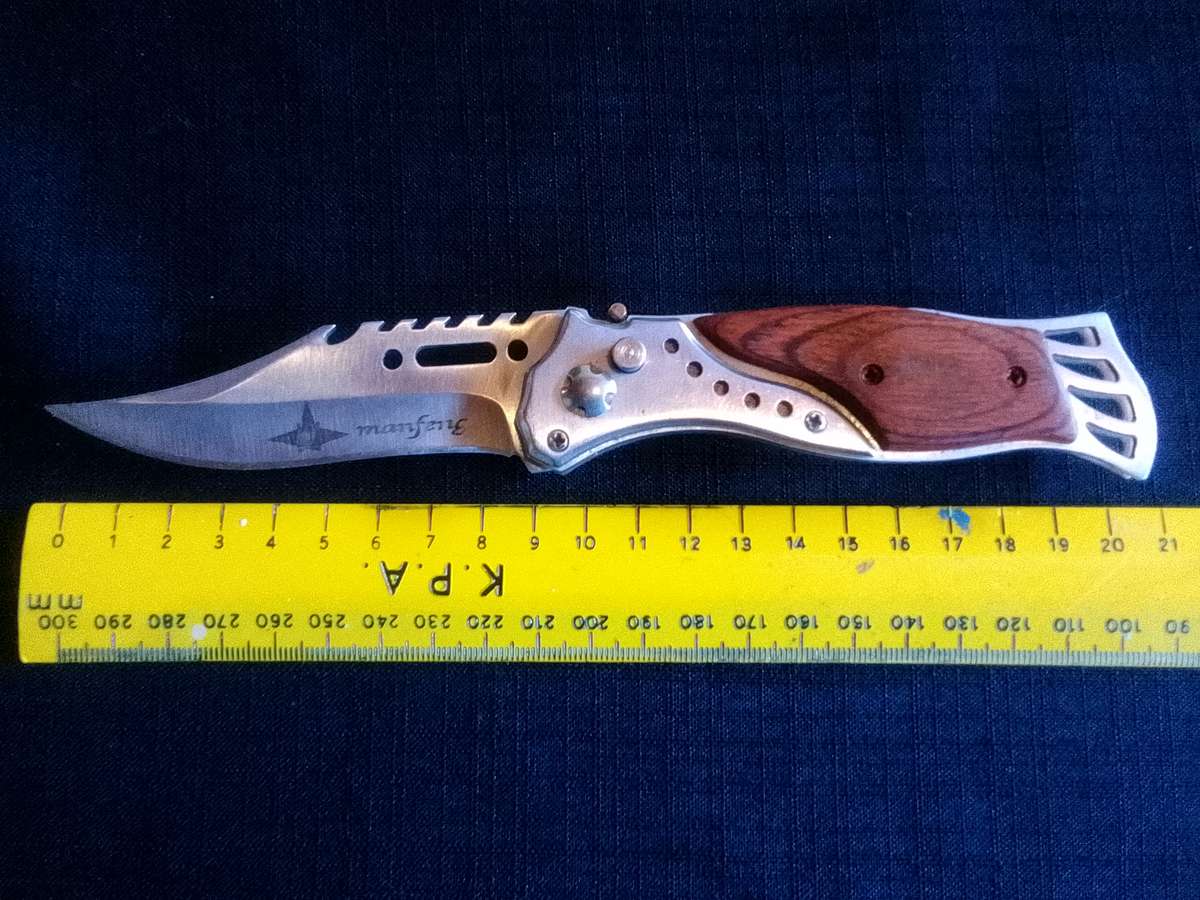 Stunning Stainless Steel Auto Push Button Pocket Knife With Wooden Handle And Small Torch Light
