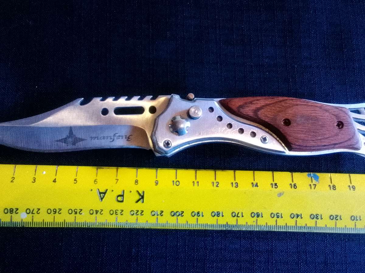 Stunning Stainless Steel Auto Push Button Pocket Knife With Wooden Handle And Small Torch Light