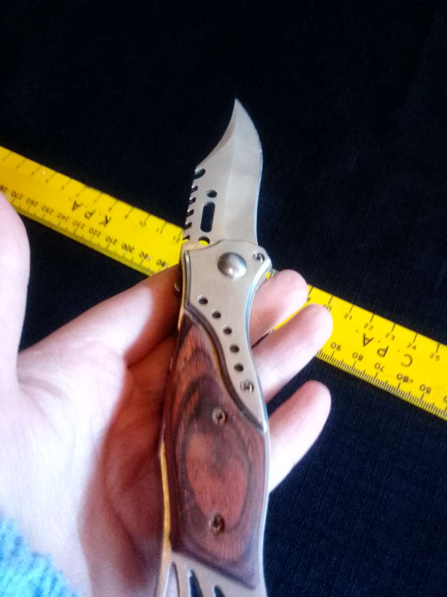 Stunning Stainless Steel Auto Push Button Pocket Knife With Wooden Handle And Small Torch Light