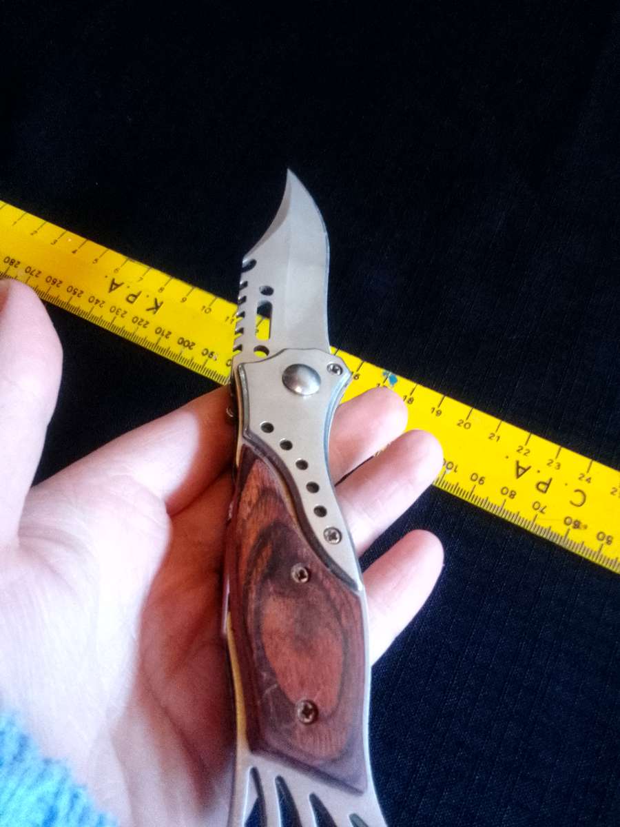 Stunning Stainless Steel Auto Push Button Pocket Knife With Wooden Handle And Small Torch Light