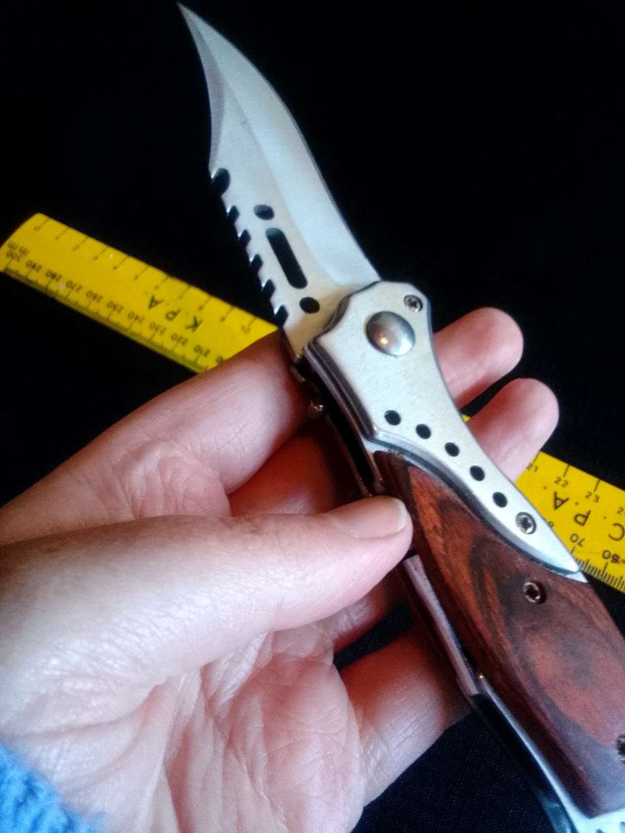 Stunning Stainless Steel Auto Push Button Pocket Knife With Wooden Handle And Small Torch Light