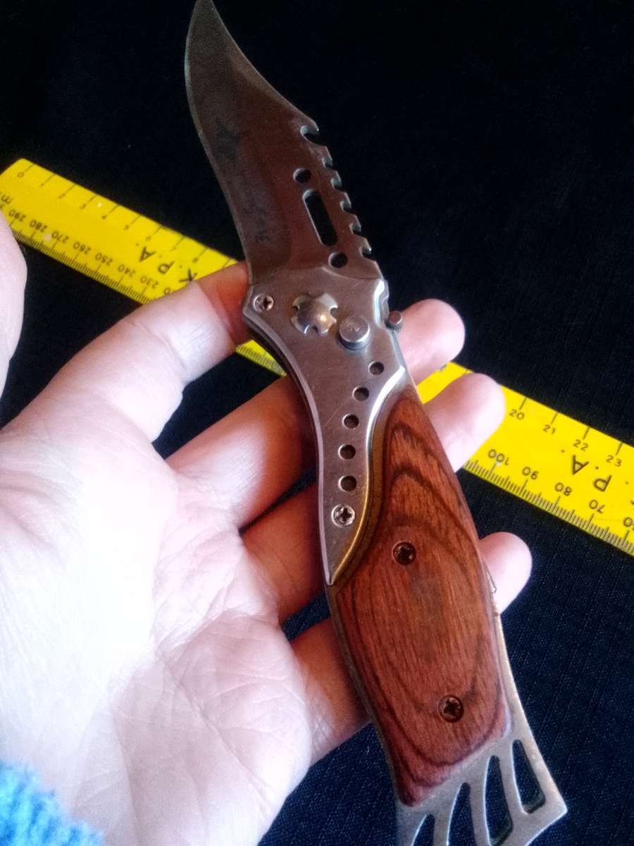 Stunning Stainless Steel Auto Push Button Pocket Knife With Wooden Handle And Small Torch Light