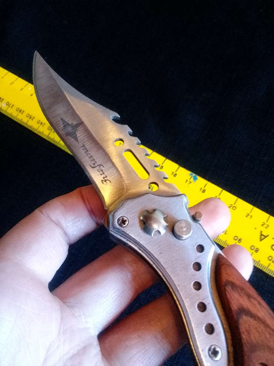 Stunning Stainless Steel Auto Push Button Pocket Knife With Wooden Handle And Small Torch Light