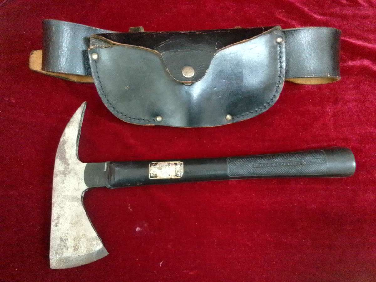 Vintage British W.Gilphin Fireman Axe with Leather Belt and Holder