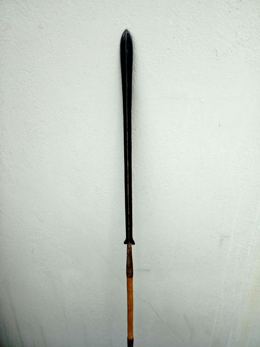 Vintage African Maasai Lion Hunting Spear With Central Wooden Grip And A Spear Head To Either End