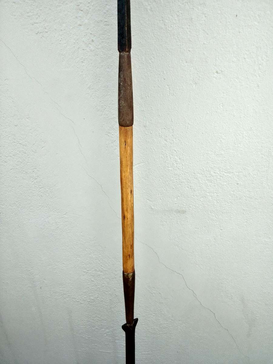 Vintage African Maasai Lion Hunting Spear With Central Wooden Grip And A Spear Head To Either End