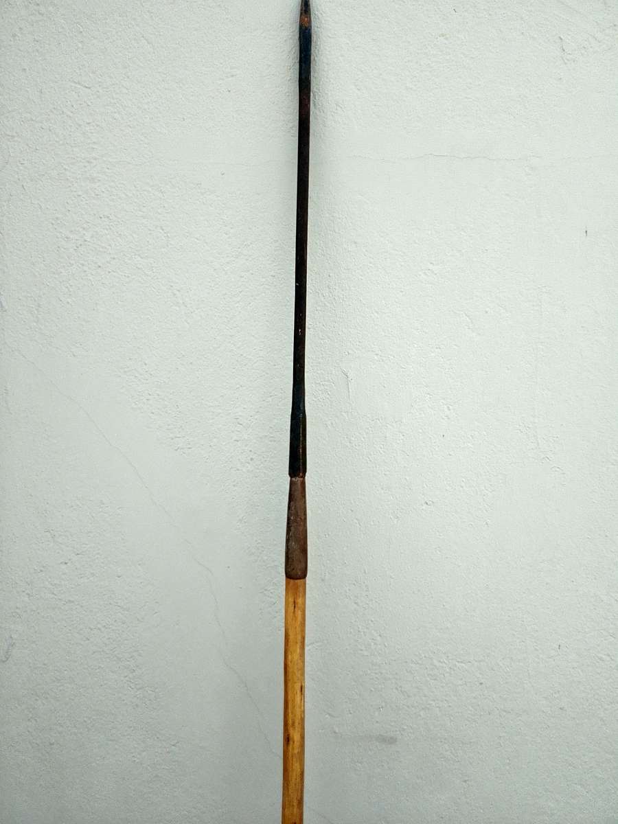Vintage African Maasai Lion Hunting Spear With Central Wooden Grip And A Spear Head To Either End