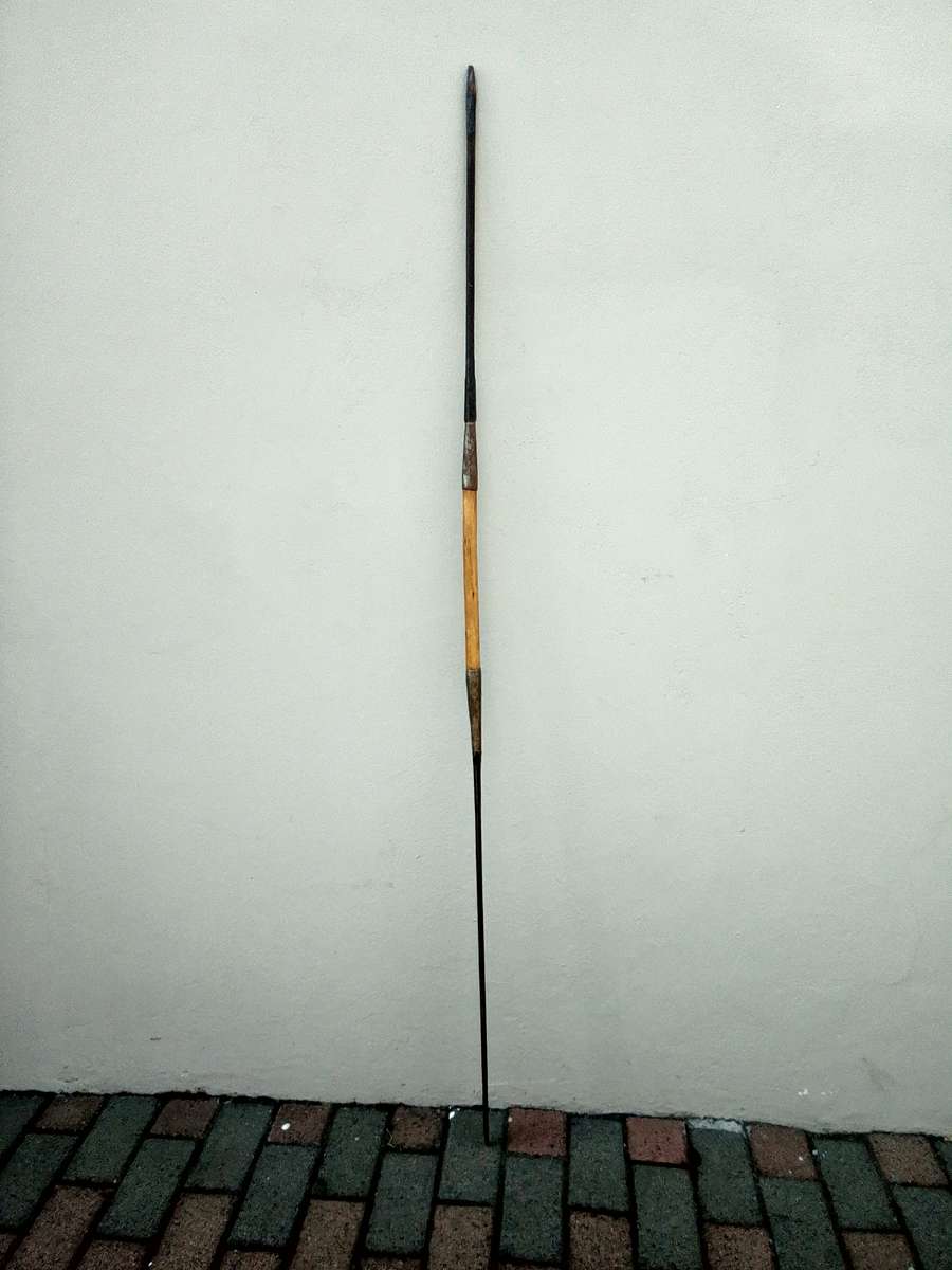 Vintage African Maasai Lion Hunting Spear With Central Wooden Grip And A Spear Head To Either End