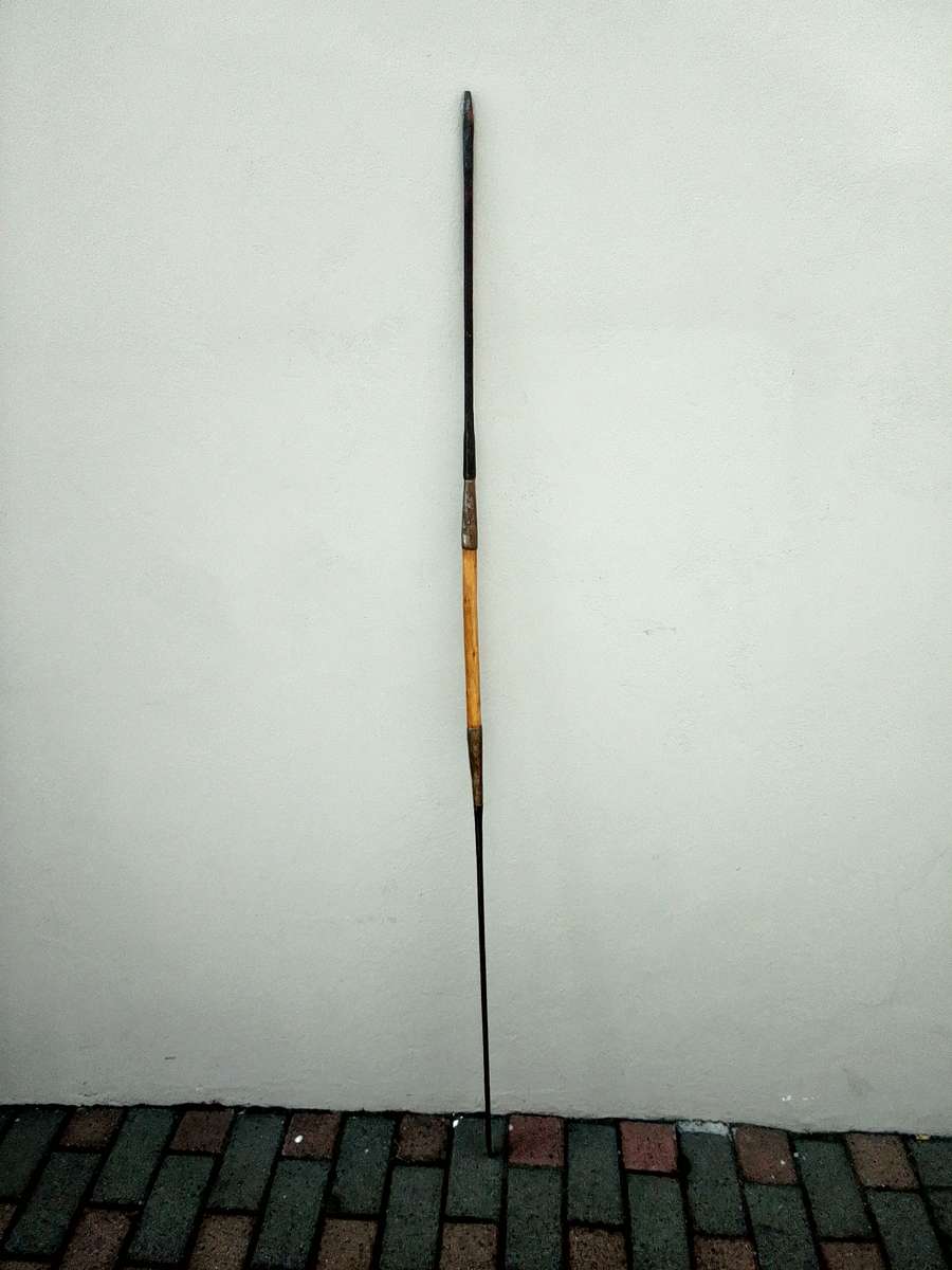 Vintage African Maasai Lion Hunting Spear With Central Wooden Grip And A Spear Head To Either End