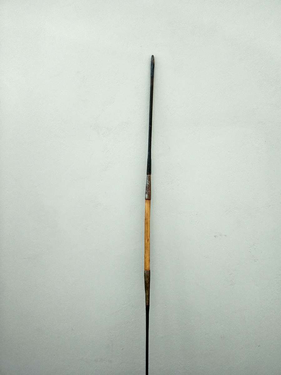 Vintage African Maasai Lion Hunting Spear With Central Wooden Grip And A Spear Head To Either End