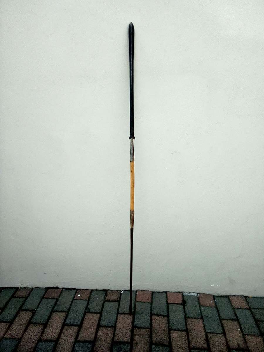 Vintage African Maasai Lion Hunting Spear With Central Wooden Grip And A Spear Head To Either End