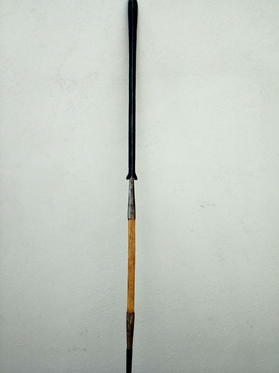 Vintage African Maasai Lion Hunting Spear With Central Wooden Grip And A Spear Head To Either End