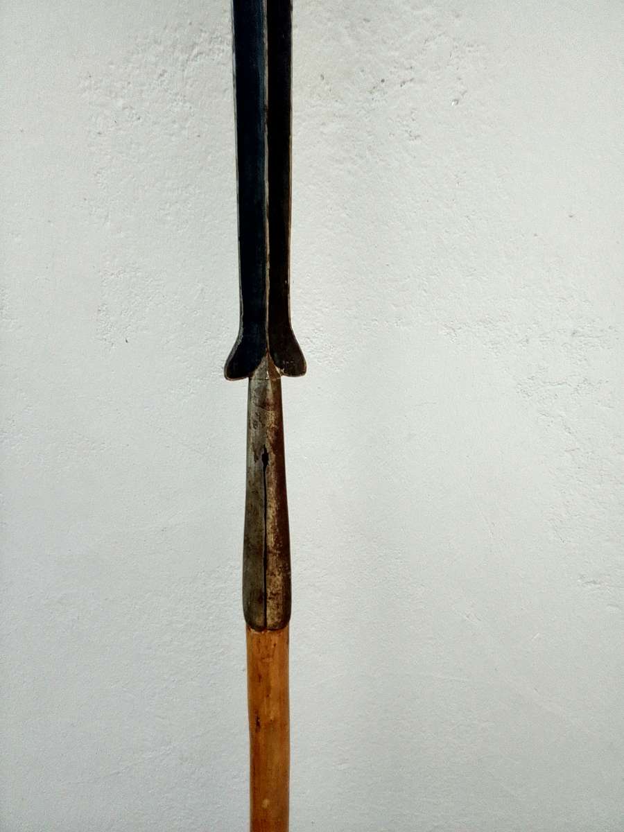 Vintage African Maasai Lion Hunting Spear With Central Wooden Grip And A Spear Head To Either End