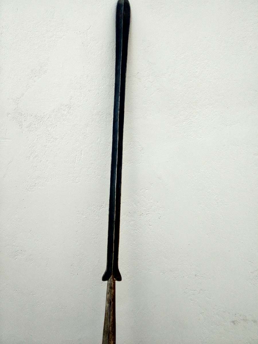 Vintage African Maasai Lion Hunting Spear With Central Wooden Grip And A Spear Head To Either End