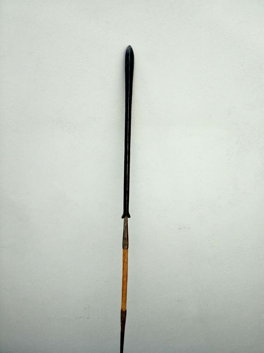 Vintage African Maasai Lion Hunting Spear With Central Wooden Grip And A Spear Head To Either End