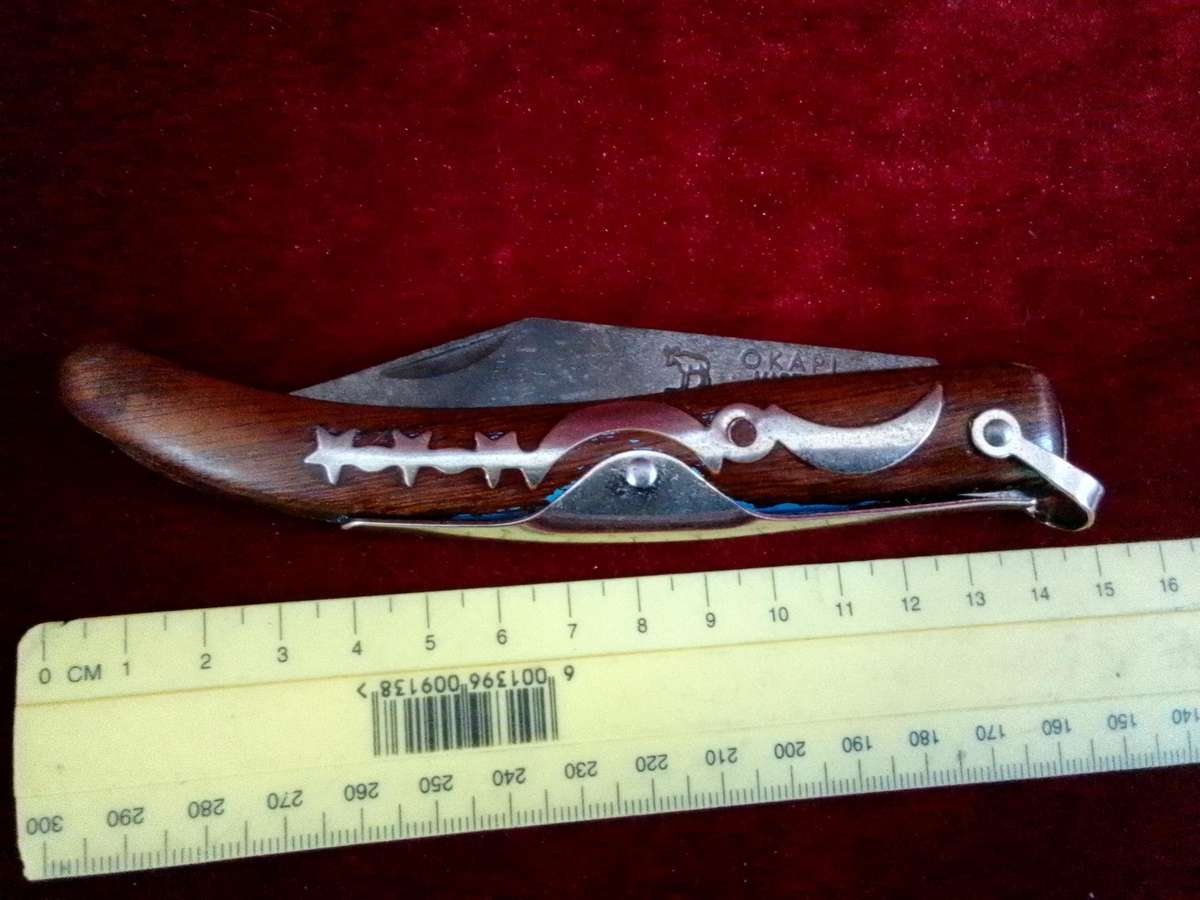 Stunning Vintage South Africa Okapi Folding Pocket Knife With Wooden Handle With Metal Designs