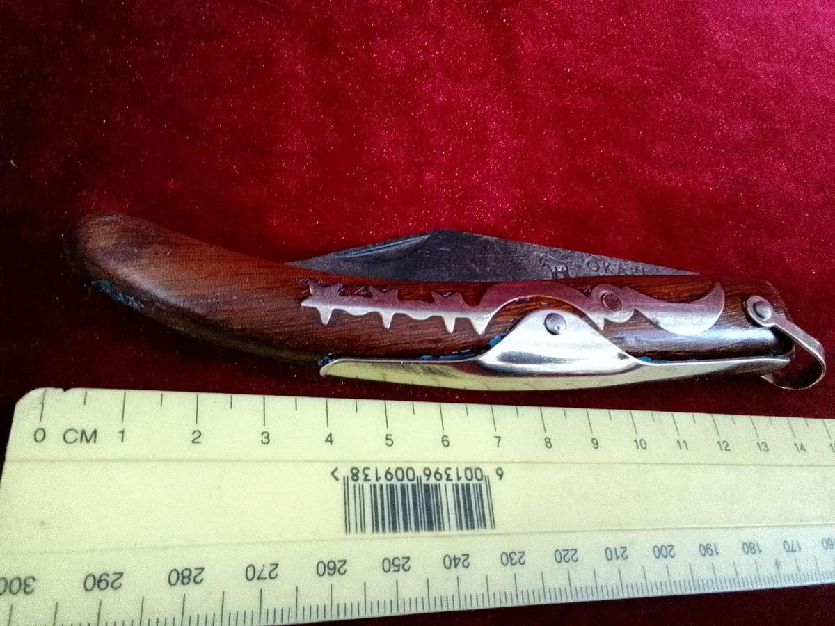 Stunning Vintage South Africa Okapi Folding Pocket Knife With Wooden Handle With Metal Designs