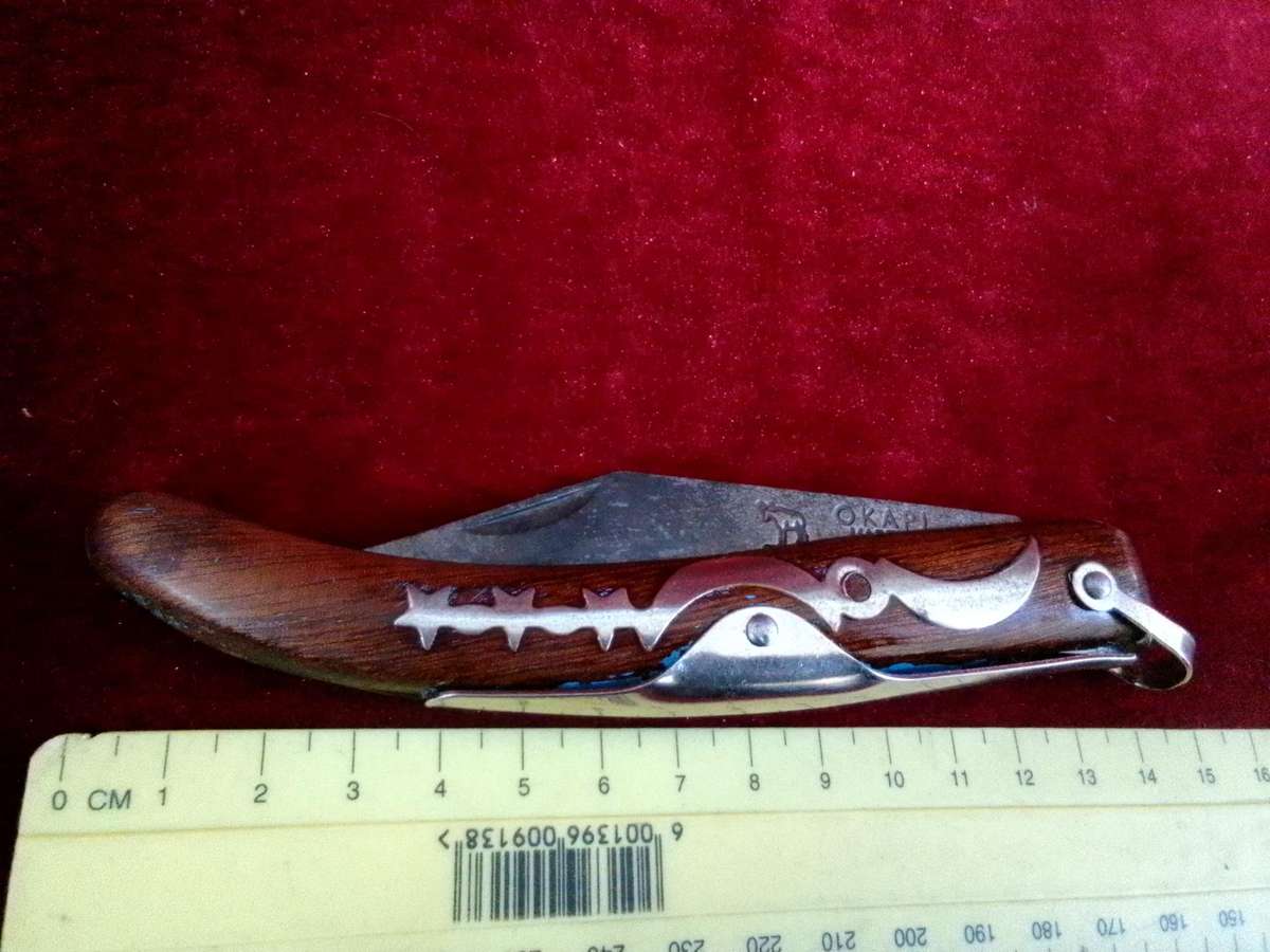Stunning Vintage South Africa Okapi Folding Pocket Knife With Wooden Handle With Metal Designs