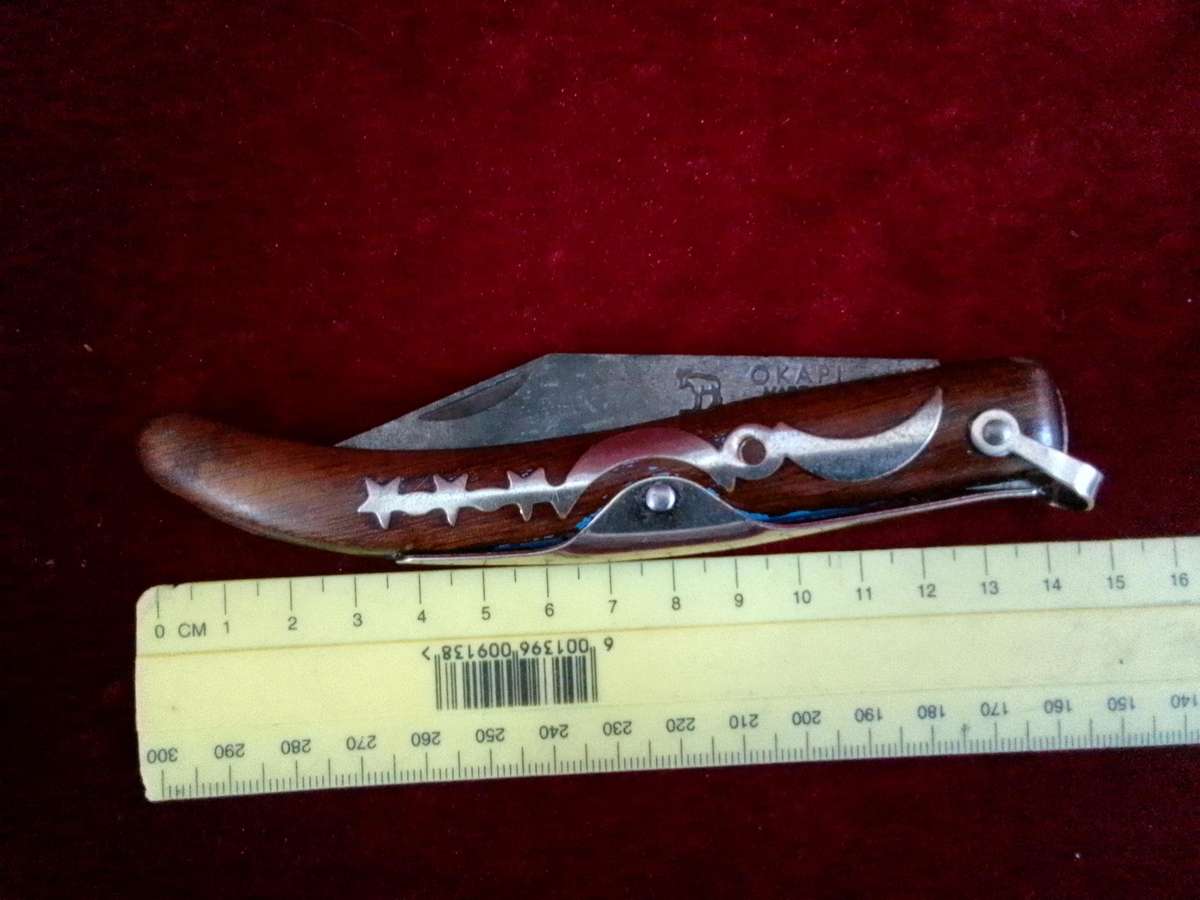 Stunning Vintage South Africa Okapi Folding Pocket Knife With Wooden Handle With Metal Designs