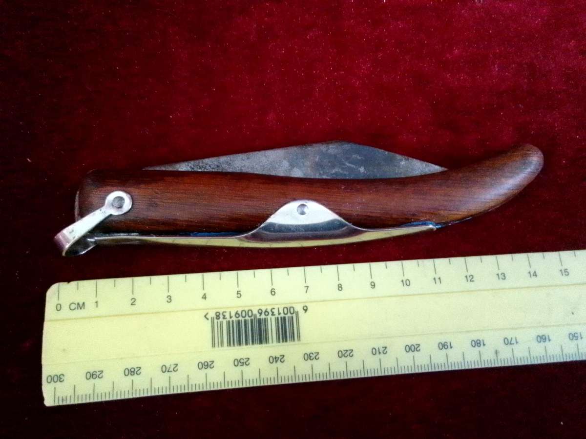 Stunning Vintage South Africa Okapi Folding Pocket Knife With Wooden Handle With Metal Designs