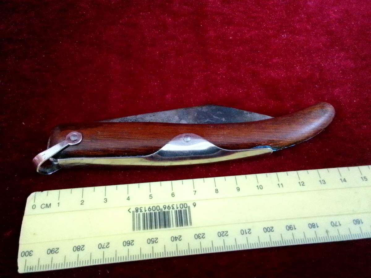 Stunning Vintage South Africa Okapi Folding Pocket Knife With Wooden Handle With Metal Designs