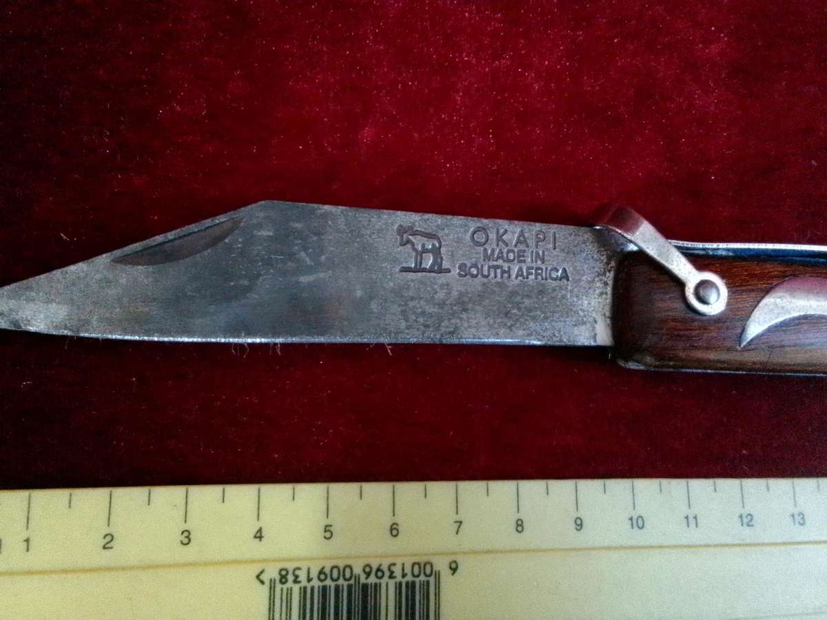 Stunning Vintage South Africa Okapi Folding Pocket Knife With Wooden Handle With Metal Designs