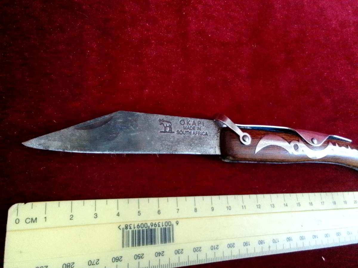 Stunning Vintage South Africa Okapi Folding Pocket Knife With Wooden Handle With Metal Designs