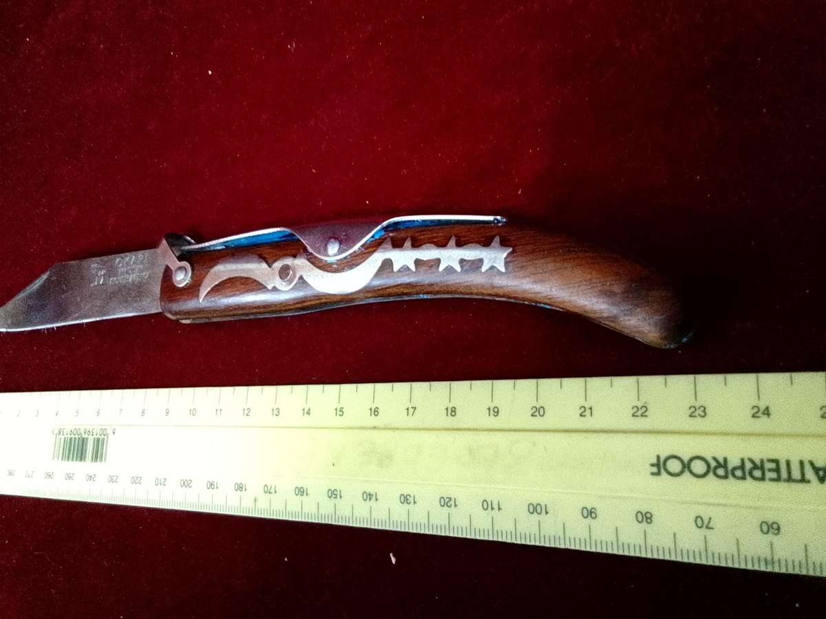 Stunning Vintage South Africa Okapi Folding Pocket Knife With Wooden Handle With Metal Designs