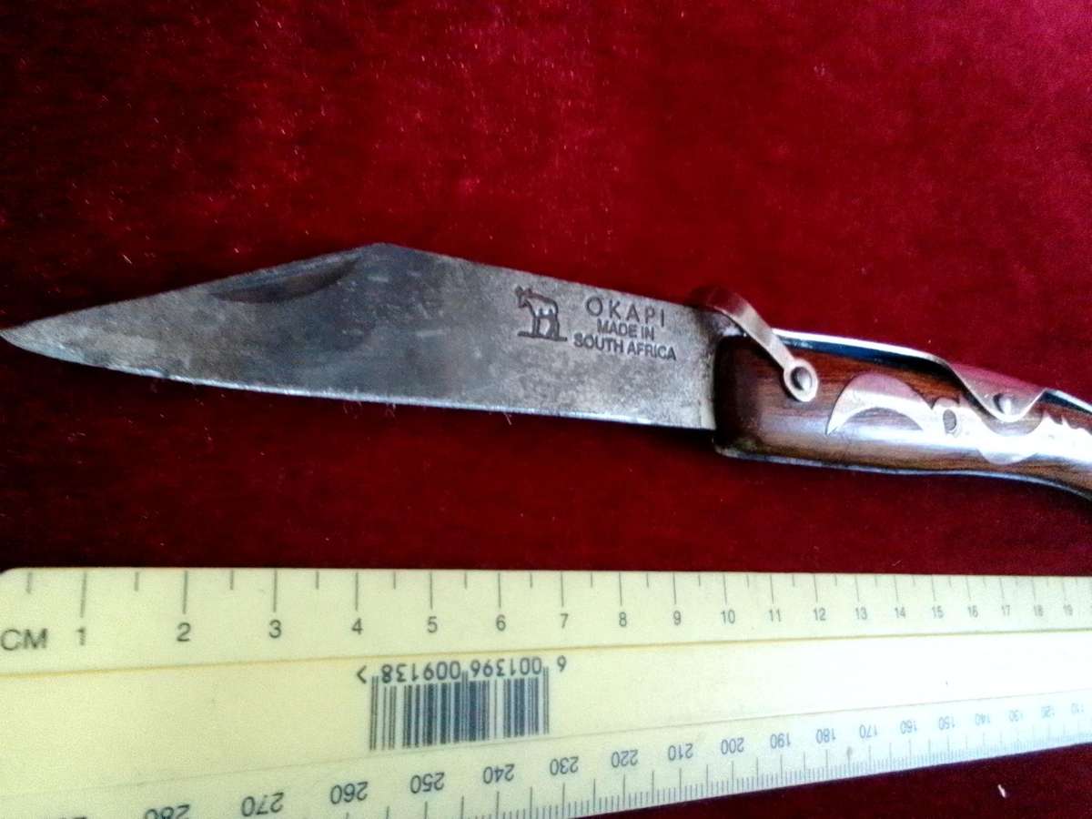 Stunning Vintage South Africa Okapi Folding Pocket Knife With Wooden Handle With Metal Designs