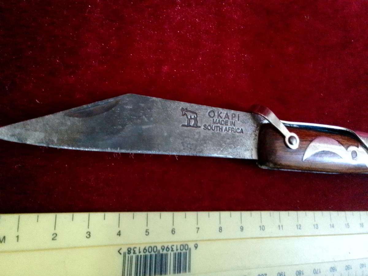 Stunning Vintage South Africa Okapi Folding Pocket Knife With Wooden Handle With Metal Designs
