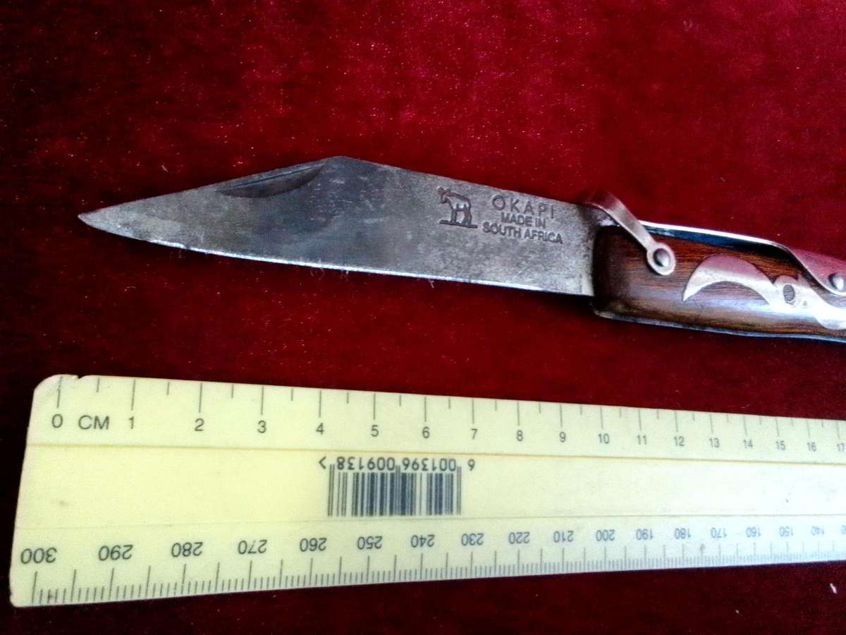 Stunning Vintage South Africa Okapi Folding Pocket Knife With Wooden Handle With Metal Designs