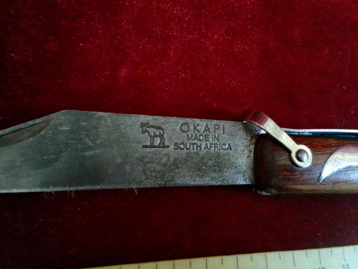 Stunning Vintage South Africa Okapi Folding Pocket Knife With Wooden Handle With Metal Designs