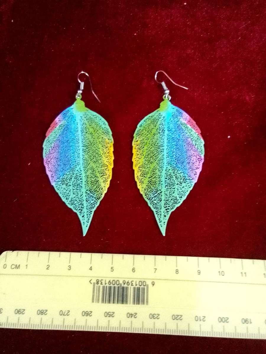 Beautiful Printed Leaf Colourful Fashion Statement Earings - Excellent Condition