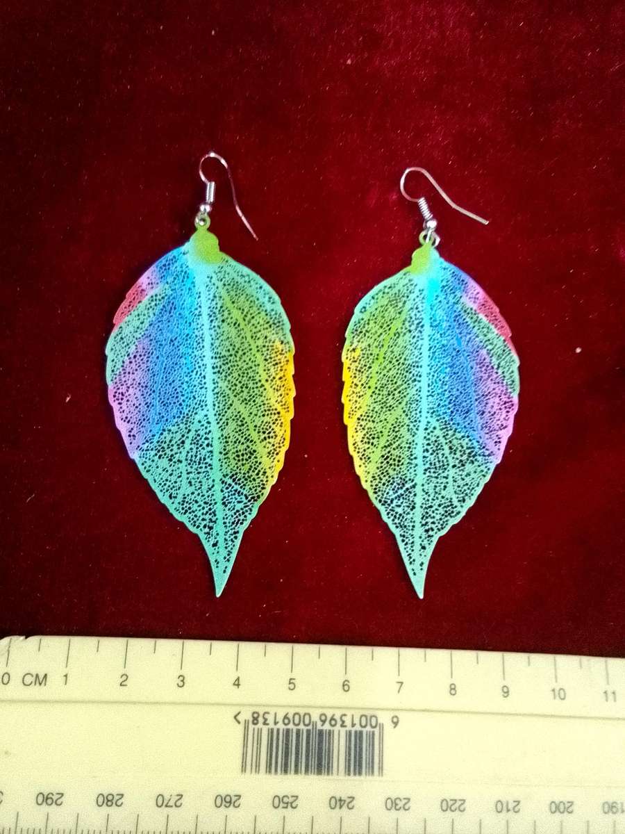 Beautiful Printed Leaf Colourful Fashion Statement Earings - Excellent Condition