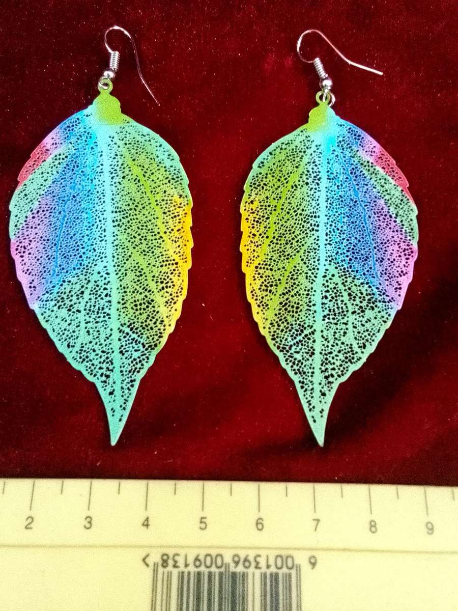 Beautiful Printed Leaf Colourful Fashion Statement Earings - Excellent Condition