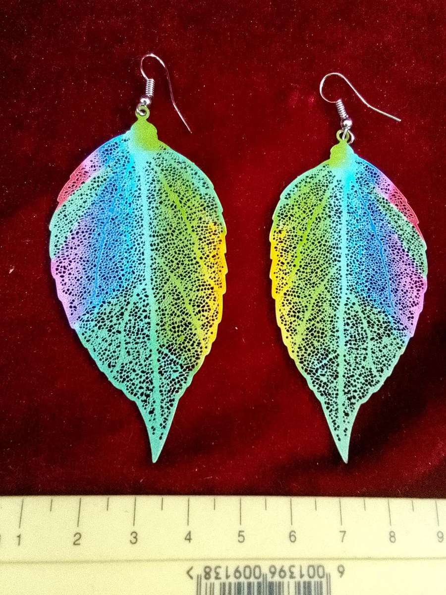 Beautiful Printed Leaf Colourful Fashion Statement Earings - Excellent Condition