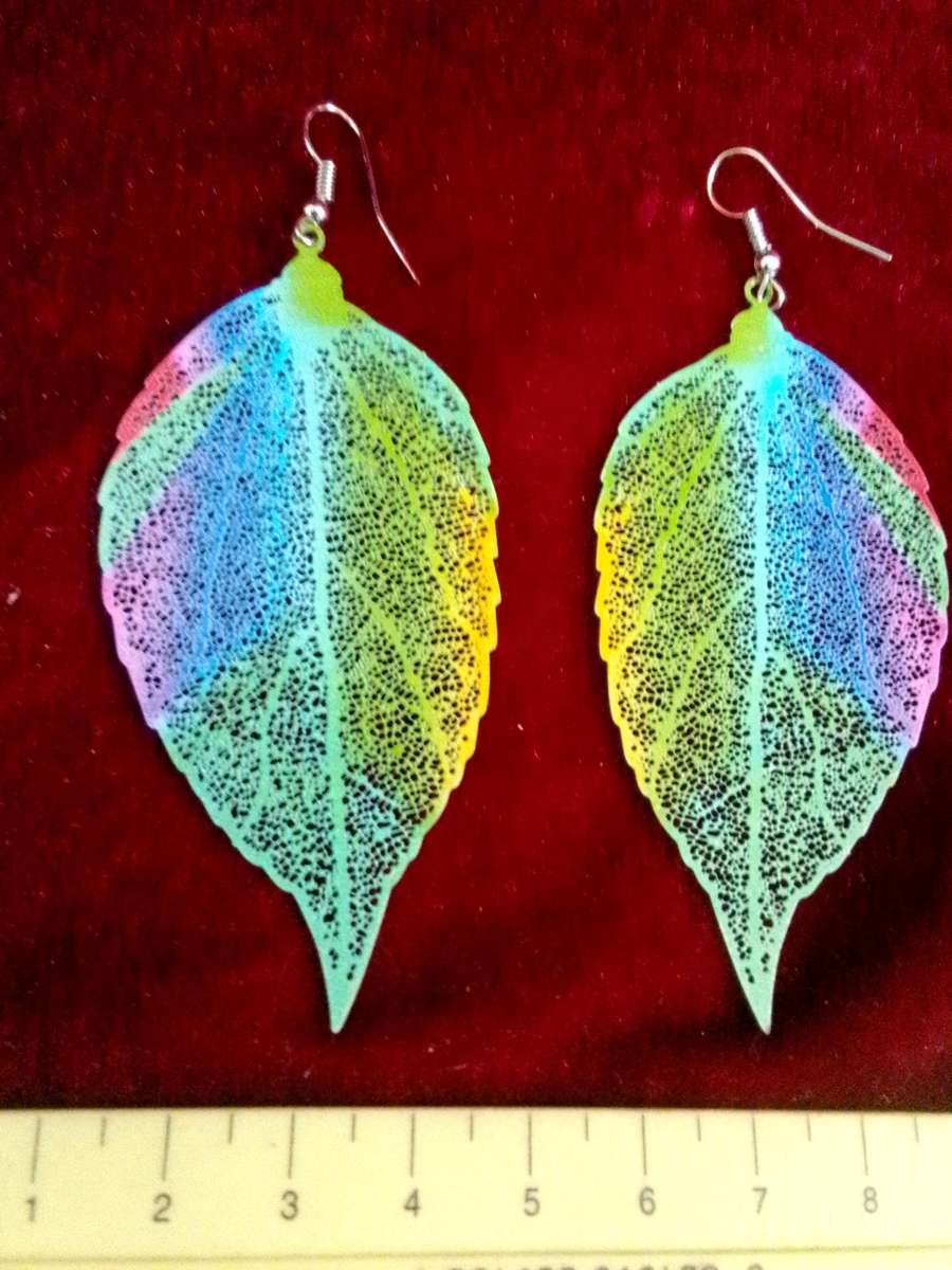 Beautiful Printed Leaf Colourful Fashion Statement Earings - Excellent Condition
