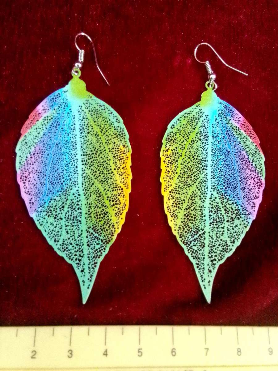 Beautiful Printed Leaf Colourful Fashion Statement Earings - Excellent Condition