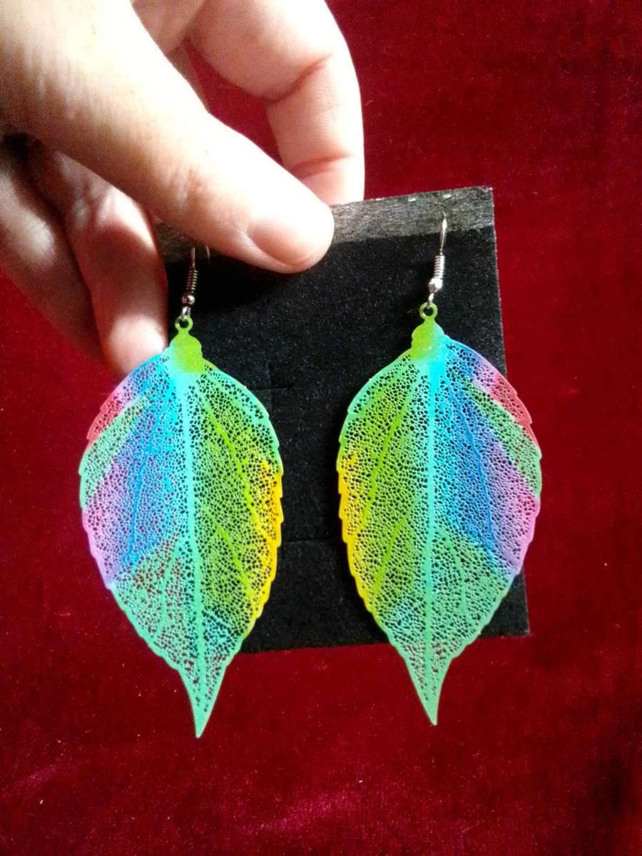Beautiful Printed Leaf Colourful Fashion Statement Earings - Excellent Condition