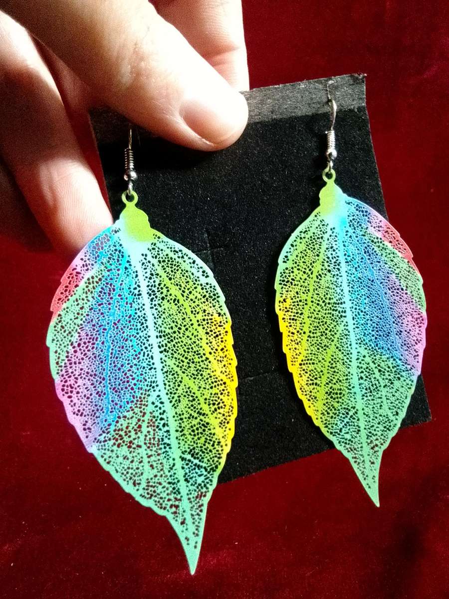 Beautiful Printed Leaf Colourful Fashion Statement Earings - Excellent Condition