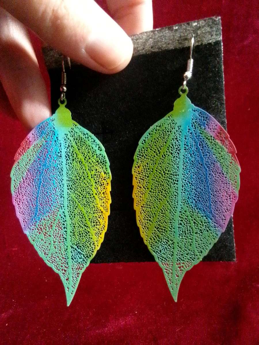 Beautiful Printed Leaf Colourful Fashion Statement Earings - Excellent Condition