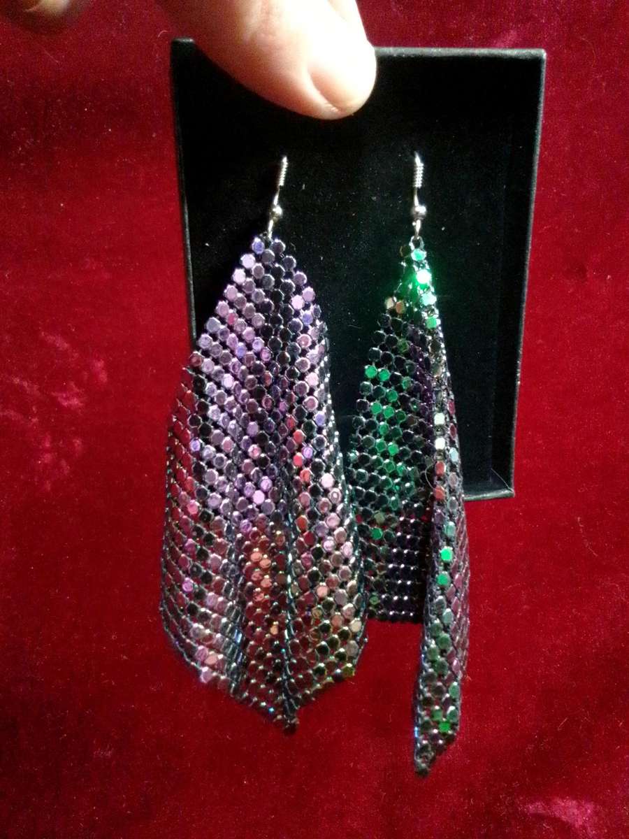 Stunning Rectangle Dangle Lightweight Mesh Tassel Sequin Long Drop Earings- Excellent Condition