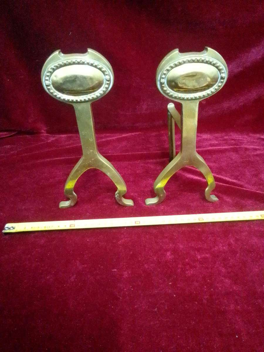 Antique Brass Fire Dogs Andirons - Metal Support Used In Fireplaces To Hold Logs - Good Condition